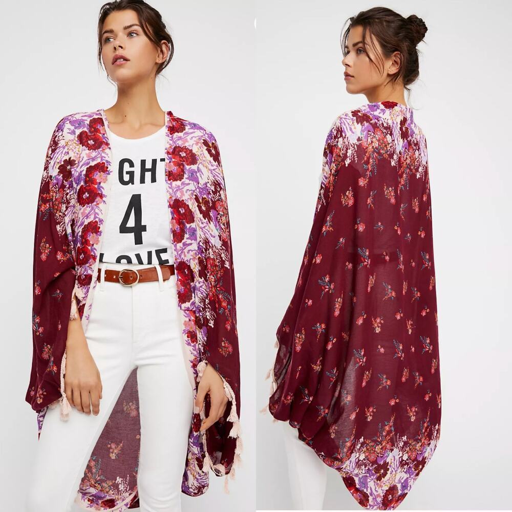 Free People Bali Wrapped In Blooms Shawl Kimono Wrap Berry Combo One Size